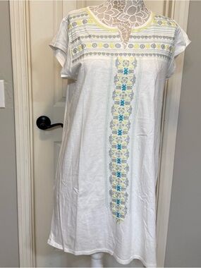 fresh produce White Cotton Mini Dress with Yellow & Blue Embroidery